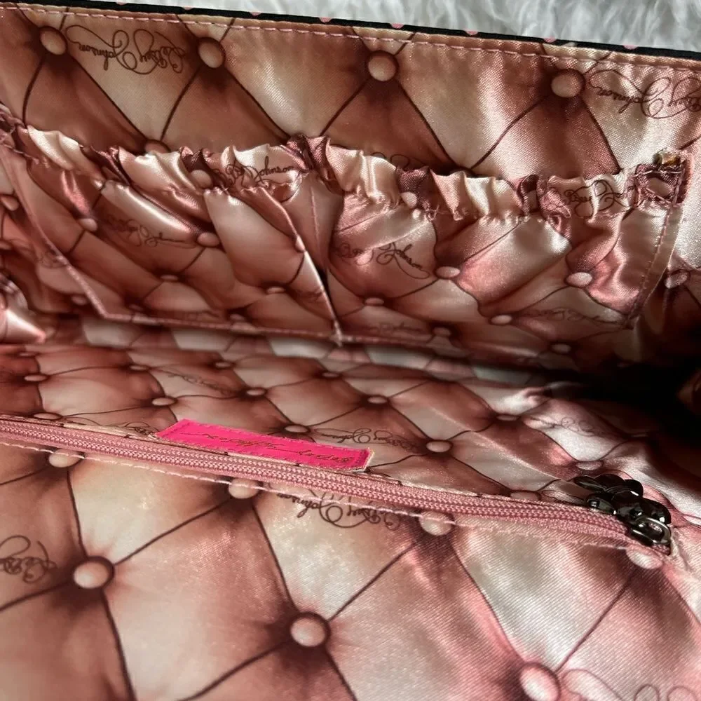 COPY - Betsey Johnson Satin Navy blue and pink polka dots Satin clutch with bow…